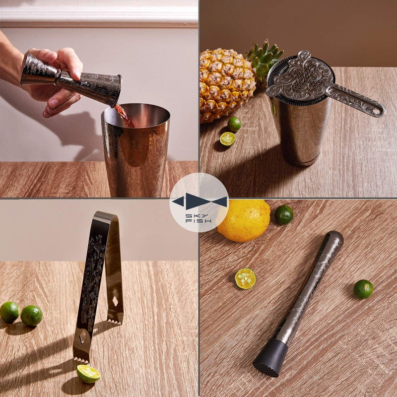 Skyfish SKY FISH Bartender Kit Cocktail Shaker Set-7 Pieces Stainless Steel Black Plated Etching Bar Tools with Boston Shaker Tins,Mixing Spoon,Mojito Muddler,Japanese Double Jigger,Hawthorne Strainer - Image 3
